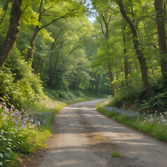 Fototapeta premium painting of a country road with trees and flowers on both sides