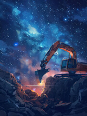 A glowing excavator placing a CPU into a socket, against a backdrop of a starry sky, illustrating cosmic computing