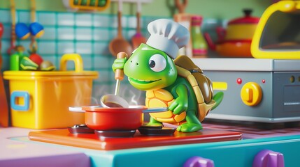 A cute cartoon turtle is cooking in a kitchen. He is wearing a chef's hat and stirring a pot of soup. The turtle is smiling and looks happy to be cooking.