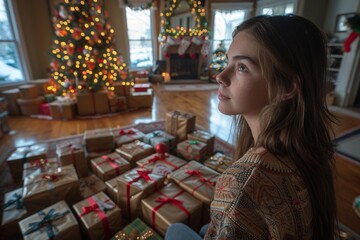 Fototapeta premium A moment of holiday anticipation with a beautifully decorated Christmas tree and a plethora of presents, as a woman looks on