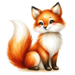 A cute cartoon fox with big eyes and a fluffy tail.