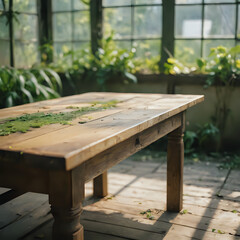 Fototapeta premium a wooden table with moss on it in a room