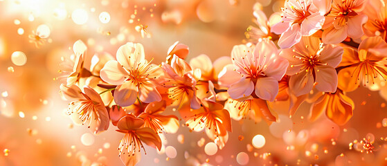 Fototapeta premium Cherry Blossoms at Sunset, Soft Pink Petals Against the Backdrop of a Warmly Lit Spring Sky
