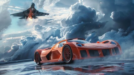 Sports car racing with fighter jets in dramatic dark cloudy environments