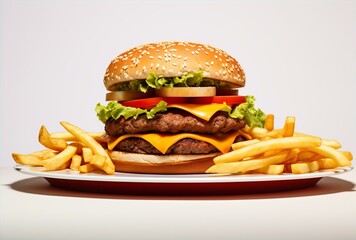 A juicy cheeseburger on a sesame seed bun with lettuce, tomato, and onion sits isolated on a white background