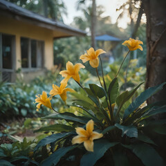 Obraz premium yellow flowers in a garden with a house in the background