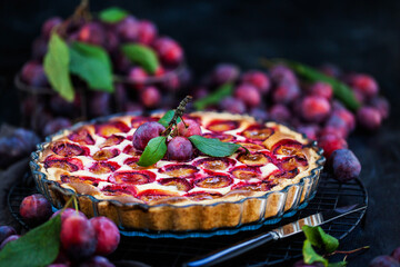 Fresh homemade plum tart or cake on dark background