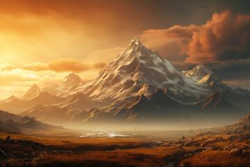 Mountains bathed in golden light as the sun sets behind them, casting long shadows, isolated on solid white background.