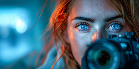 A woman with blue eyes is taking a picture with a camera - Powered by Adobe