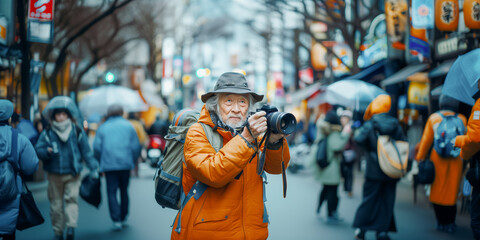 A man in an orange jacket is taking a picture of a busy street - Powered by Adobe