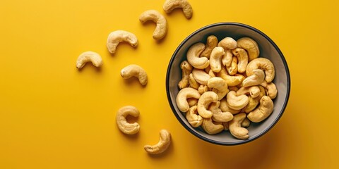 Bowl of Cashew Nuts on Yellow Background