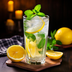 Refreshing lemon soda with mint and ice 