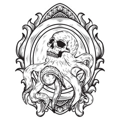 tattoo and t-shirt design black and white hand drawn skull octopus engraving ornament