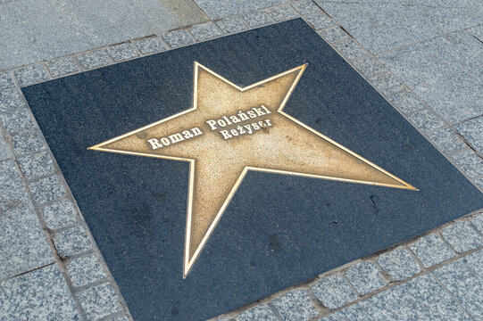 Lodz, Poland - April 14, 2024: Star to the director Roman Polanski on the Lodz Walk of Fame.