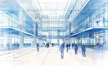 A blueprint of an office building shows the structure's interior layout and exterior design through lines and a grid The white background creates contrast against blue architectural Generative AI - obrazy, fototapety, plakaty