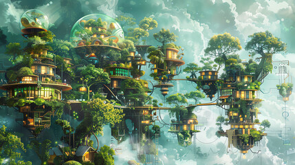 Craft a side view of a fantastical forest canopy city