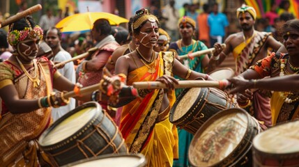 A group of individuals engaged in playing drums, showcasing coordination and rhythm in their musical performance.