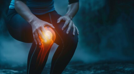 woman suffering from pain in knee pain due to bone disease, knee joint degeneration osteoarthritis, tendonitis or tear, exercise injury or injuries from accidents, show holograms, x-rays health care