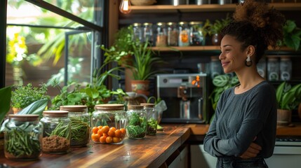 A woman standing in front of a window with jars and plants, AI