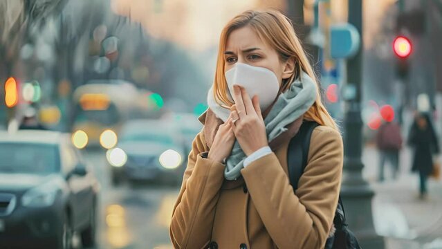 A woman wearing a mask is walking down a busy street. The scene is set in a city with cars and traffic lights. The woman is in a hurry and is trying to avoid the rain