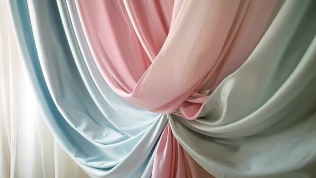 A blue, pink, and green curtain is hanging in a room. The curtain is draped in a way that creates a sense of movement and flow. The colors of the curtain complement each other