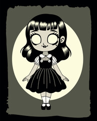 Retro style cartoon girl character with black hair - Vector illustration