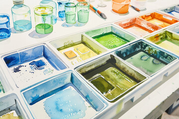 A series of watercolor wash-out stations, each with different compartments for cleaning brushes, on...