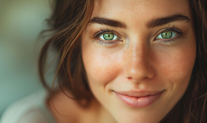Naklejka premium Close up model face staring at the camera. A girl Portrait of beauty model with natural face make up., skincare and wellness. Close up, white background