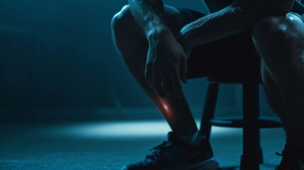 man suffering from pain in knee pain due to bone disease, knee joint degeneration osteoarthritis, tendonitis or tear, exercise injury or injuries from accidents, show holograms, x-rays health care