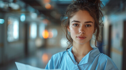 Portrait of young woman nurse reviewing medical charts on a digital tablet in a modern hospital setting.