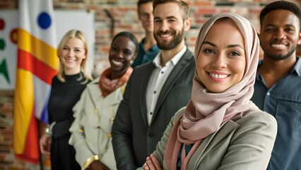 A diverse group of professionals, including a woman in a hijab, smile confidently in an office adorned with international flags, symbolizing global cooperation and unity