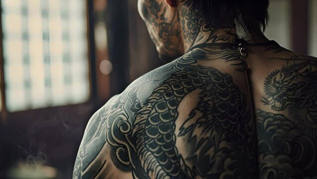 A man with tattoos on his back and neck. The tattoos are of a dragon and a bird