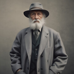 portrait of old man wearing grey coat