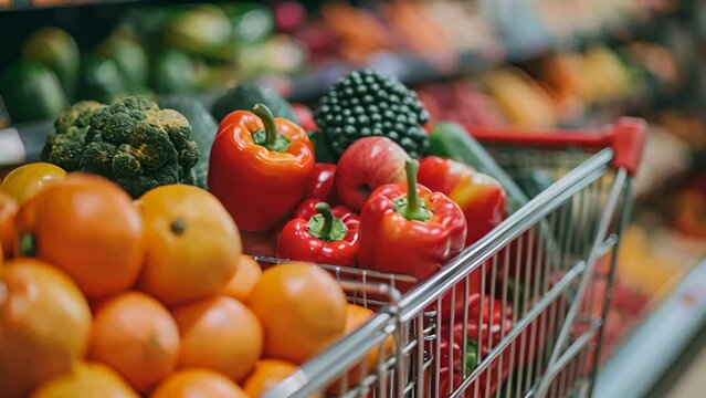A shopping cart full of fresh produce including oranges, apples, and peppers. The cart is full of a variety of fruits and vegetables, including broccoli and carrots