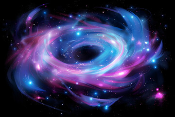 Vibrant neon galaxy with pink and blue swirling stars. Stunning artwork on black background.