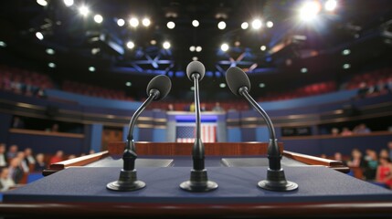 A podium with microphones set up for a presidential debate between candidates