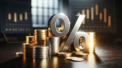 Giant percentage symbol surrounded by stacked coins, financial investment and savings representation, finance concept