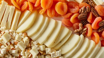 An impressive cheese platter featuring a variety of styles from soft and spreadable Brie to firm and nutty Gruyere accompanied by sweet slices of honeycrisp apples and dried apricots - Powered by Adobe