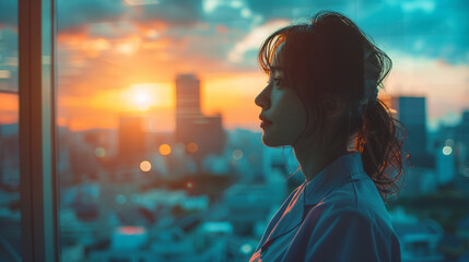 Young woman nurse standing in front of a large window in a hospital, looking out at the city skyline with a contemplative expression.