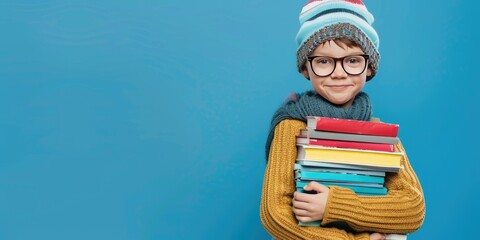A cute boy with glasses and hat holding many books on the color background, with copy space for text or product display,Portrait of happy kid student posing isolated on pastel blue green background