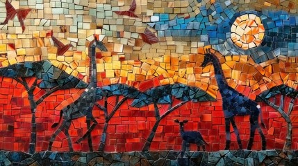 Obraz premium African nature Mosaic , savana and animals, Stained Glass Illusion 