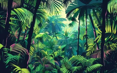 Tropical forest horizontal landscape. Panoramic view of dense forest with palm trees and lianas. Exotic colorful green rainforest scene with foliage plants. Very beautiful vector illustration