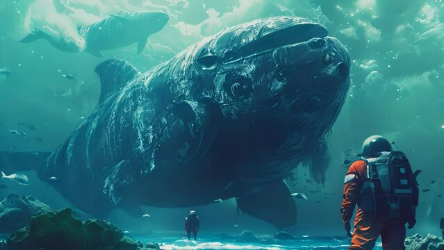 Space explorer stands before ancient aquatic titans beneath the sea, where two epochs collide in a mystical underwater world