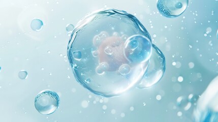 Transparent Cells Floating on Light Blue Background with Small Cells and Bubbles