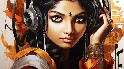 illustration of an Indian girl wearing headphones listening to music