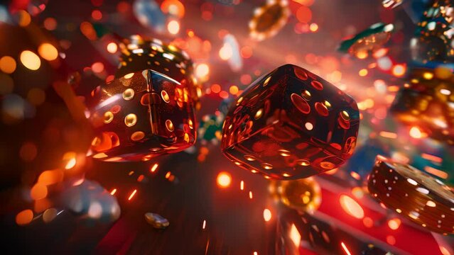 A close up of three dice with a red background. The dice are in motion and appear to be falling through a fiery sky. The scene gives off a sense of excitement and danger