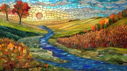American nature Mosaic , corn fields and river, Stained Glass Illusion
