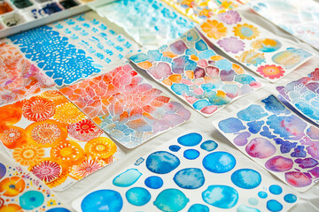 A spread of watercolor masking stickers, each with intricate patterns, on a white canvas for precise painting areas.