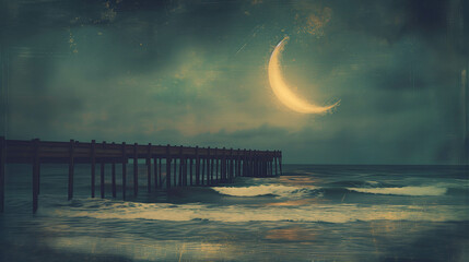 Watercolor painting at night with a crescent and a wooden bridge extending into the sea.