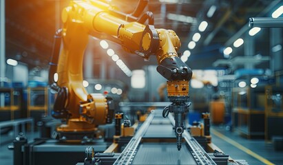 Robotic arm moving conveyor belt in factory